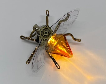 Handmade Steampunk Art Deco Bee Light-Up Brooch | Amber Geometric Glass Insect Pin