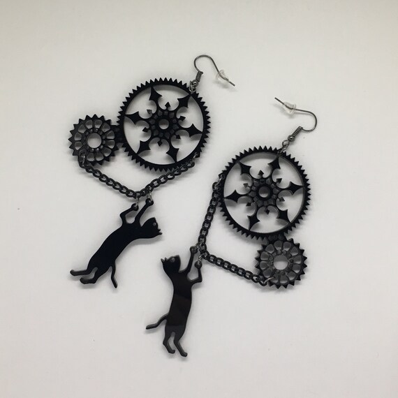 Black Cat Kitty Chasing Clock Mechanic Steampunk Gear Chain Dangle Earrings