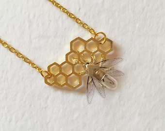 Save the bees - Steampunk honeycomb and clockwork bee necklace  - Original Handmade Lighbulb Clockwork Neo Victorian Victoriana Jewellery