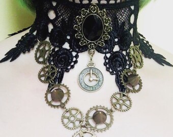 Geared Up Black Lace and Cog Goth Choker - Steampunk Gothic Clockwork Neo Victorian Victoriana Jewellery