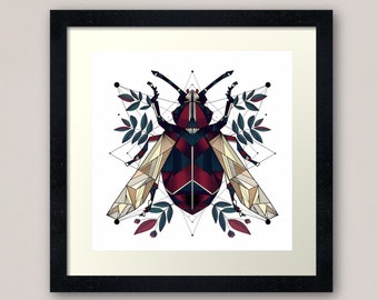 Jewel beetle line art - retro geometric zentangle beetle insect Illustration nature print/poster