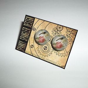 Illustrated Neo Victorian Vintage Bird/rose Glass Earring Studs