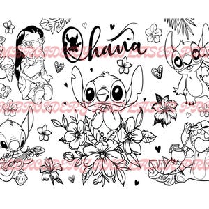 Pode incluir: Ilustração em preto e branco de Stitch de Lilo & Stitch. A imagem mostra Stitch em várias poses, incluindo tocando ukulele, segurando uma flor e abraçando outro Stitch. A palavra "Ohana" está escrita em itálico no topo da imagem.