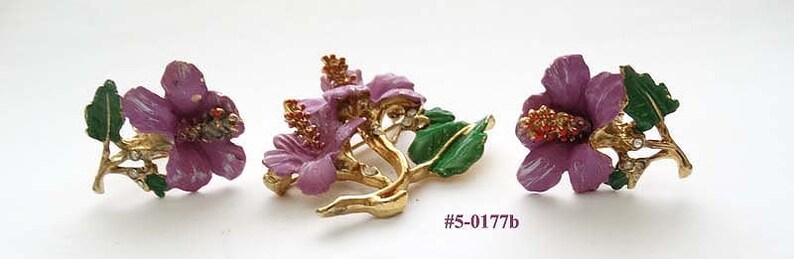 5-0177 Purple Enamel And Green Leaves Flowers Brooch And Earrings
