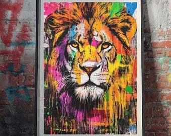 Colorful Abstract Lion Print | Modern Animal Wall Art, King Jungle Poster, Urban Graffiti Painting