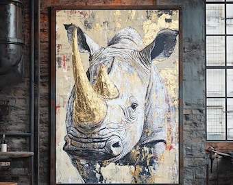 Stampa artistica di un rinoceronte in foglia d'oro / Decorazione murale moderna in stile safari