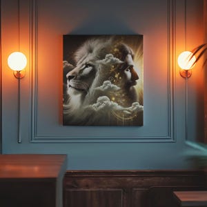 Lion and Jesus Canvas Wall Art – Christian Spiritual Decor – Religious Faith Print – Gift for Him or Her – SALE – Ready to Hang