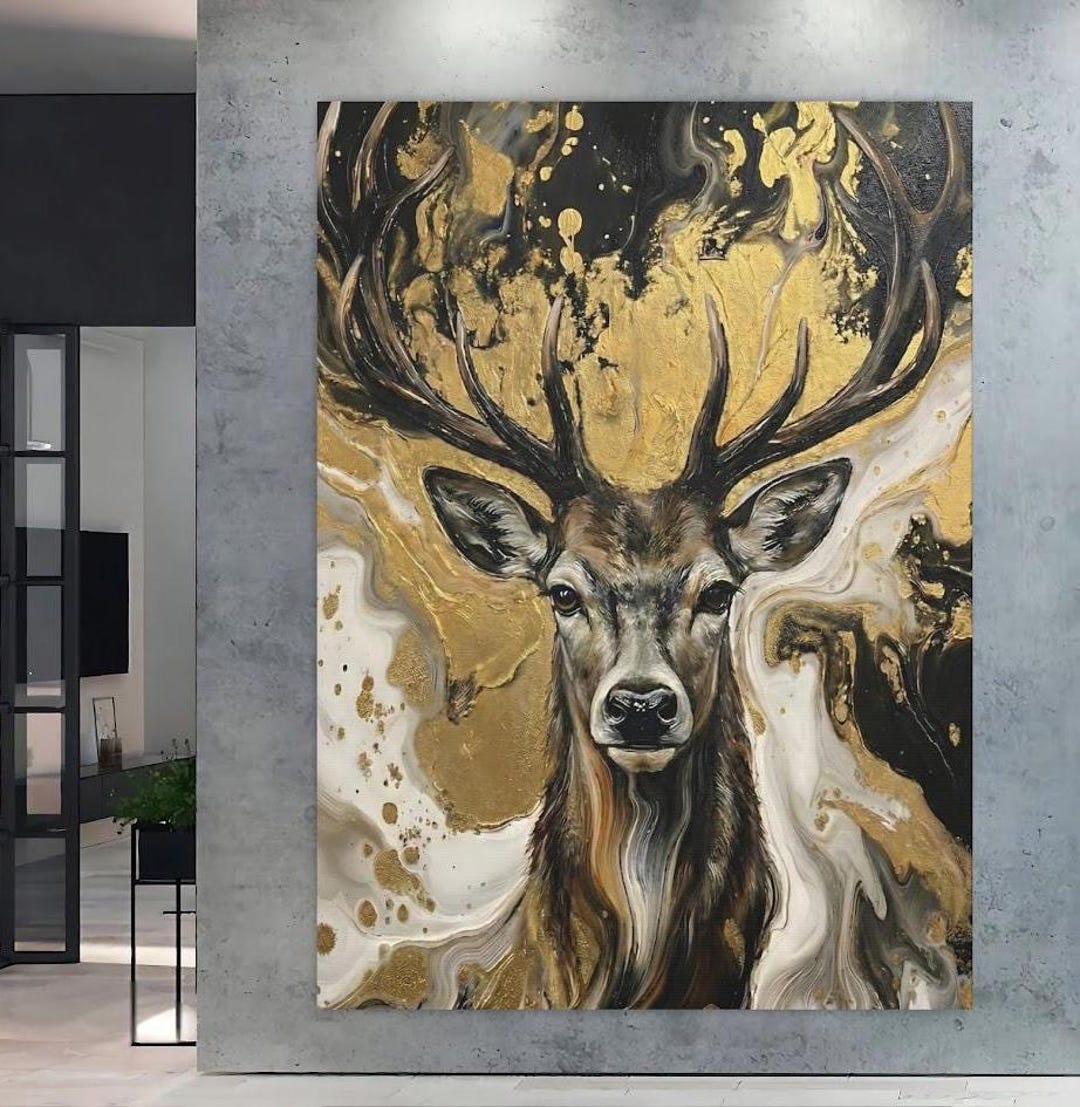 Gold Stag Head Wall Art, Abstract Deer Painting, Modern Industrial Loft ...