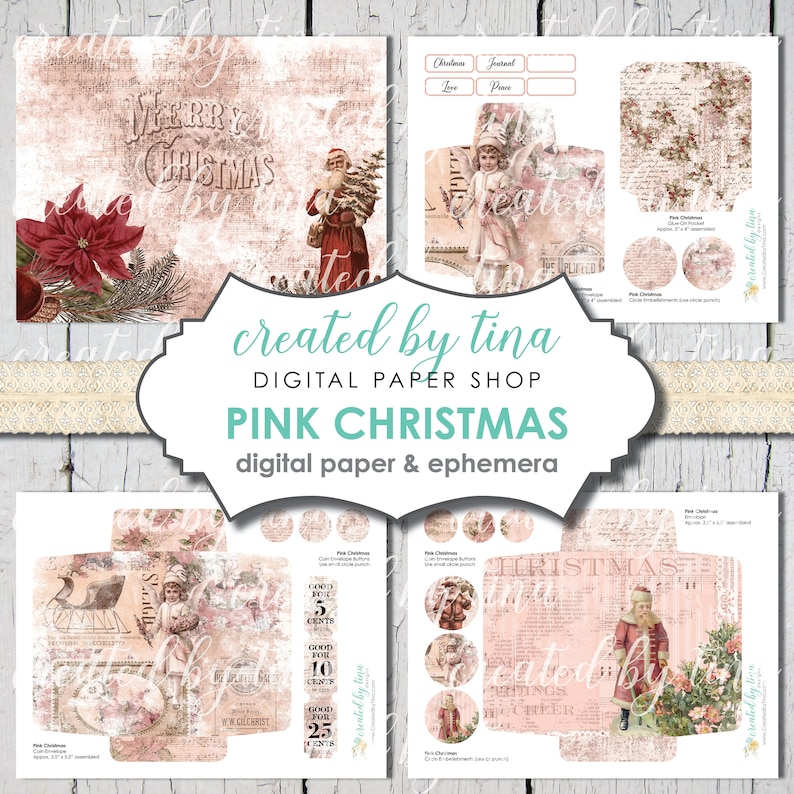 PINK CHRISTMAS Junk Journal Printable Paper Instant Download Created by ...