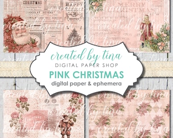 May include: Four digital paper designs featuring a pink and white color scheme with vintage Christmas illustrations, including Santa Claus, a Christmas tree, and poinsettias. The text "PINK CHRISTMAS" is featured in the center of the image.