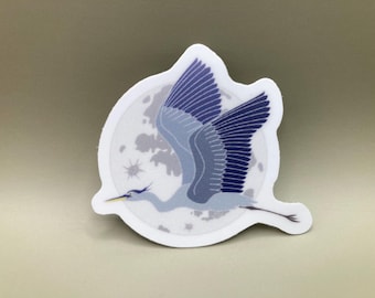 Blue Crane Sticker- Matte Vinyl, 2 inches, Moon, Bird, Animal