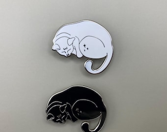 Cat Hard Enamel Pin- 1.5 inches, Black, White, Stars, Celestial, Sleeping Cat