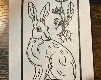Hare and Dandelion- Original Hand Printed, Lino Cut, 5x7 inches, Wall Art, Bedroom Decor