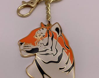 Tiger Hard Enamel Keychain- 2 inches, Animal Lover Gift, Big Cat, Bag Charm, Gold Color, Metal