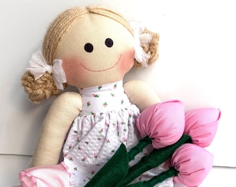 WHite dress -Fabric Flowers Baby Doll with Two Buns | Handmade Cotton Keepsake | Personalized Gift for Kids | First Birthday Gift