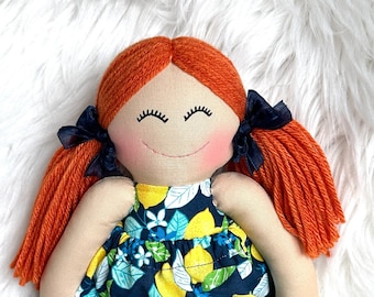 Lime dress Baby First Doll  red head cloth doll rag doll first birthday gift Children friendly  toddler doll for kids