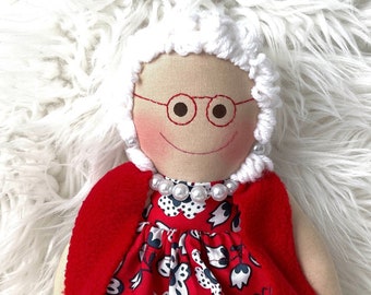 Granny doll, white hair doll, Red dress