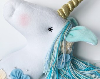 White Fleece Unicorn Head Wall Decor: Felt Flower Details