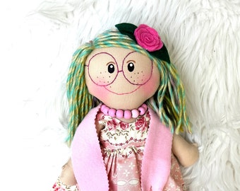 Pink hair First Doll  Handcrafted with Love ,imaginative play, textile doll, first christmas gift