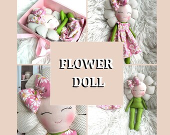 Flower Doll Gift for girls , nature dolls  handmade daisy flower Cloth doll, stuffed heirloom soft fabric flower doll