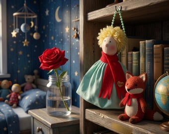 Handmade Celestial Boy Fabric Hanger – Whimsical Star Traveler Decor with Green Outfit & Golden Hair – Unique Fairytale Nursery Wall Hanging