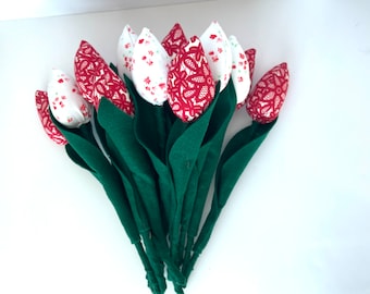 VALENTINES RED Fabric tulips textile flowers Mom day gifts floral aniverssary  bouquet birthday surprise ornament set of  flowers gift