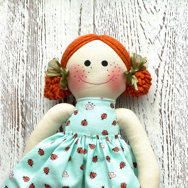 TWO BUNS RED head hair my firsty baby doll plush doll first birthday gift freckles dolls Lady bug doll gift for a girl gift  for mimi