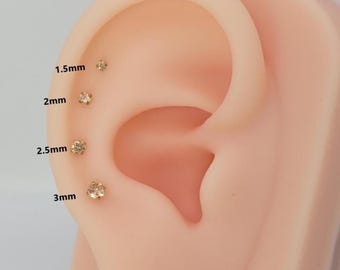 20G/18G/16G Titanium Tiny Golden Honey Brown CZ  Stud Push Pin Labret, Threadless  Earrings, Tragus Flat Back, Helix, Cartilage Nose, Gift