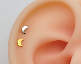 20G/18G/16G Titanium Tiny Moon Stud Push Pin Labret, Threadless  Earrings, Tragus Stud, Flat Back, Helix, Cartilage Nose, Gift for her