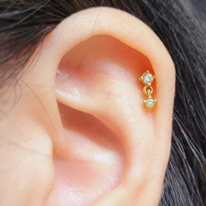 20G/18G/16G Titanium Tiny Dangle CZ Twee Stenen Push Pin Labret, Threadless Oorbellen, Tragus Stud, Platte Achterkant, Helix, Kraakbeenneus, Cadeau