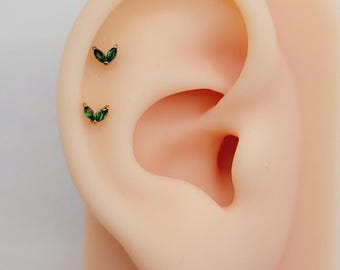 20G/18G/16G Titanium Tiny Emerald Green Leaf CZ Stud Push Pin Labret Threadless  Earrings, Tragus Stud,  Helix, Cartilage Nose, Gift for her