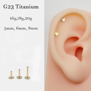 20G/18G/16G Titanium Tiny Heart Push Pin Labret, Threadless Earrings, Tragus Stud, Cartilage Nose, Gift for her, Flat Back Helix