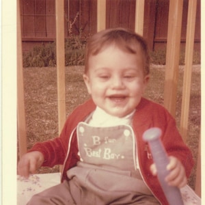 1970s Happy Baby B is for Best Boy Playing with Toys Playpen Outside 70s Vintage Photograph Color Photo