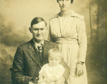 1919 Oblong IL Proud Papa Man Holding Baby Family Portrait RPPC Real Photo Postcard Photo Black White Photo