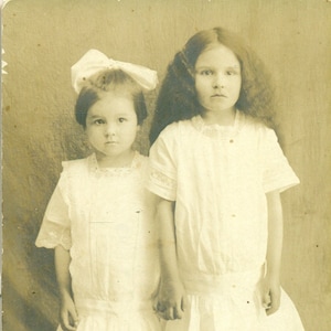 Long Curly Hair Girl Sister Holding Hands White Dress Button Boots Antique RPPC Real Photo Postcard