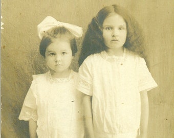 Long Curly Hair Girl Sister Holding Hands White Dress Button Boots Antique RPPC Real Photo Postcard