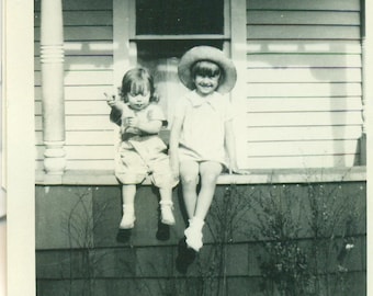 1940s Ridge Way Sharon PA Baby Jim with Big Sister Sitting on Porch 40s Vintage Photograph Black White Photo