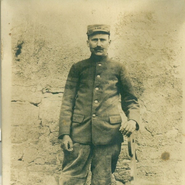 WW1 Soldier France in Uniform Standing Outside French RPPC Real Photo Postcard with Message