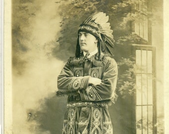 1920s Man Native American Indian Clothing Feather Headdress Studio Portrait Antique RPPC Real Photo Postcard
