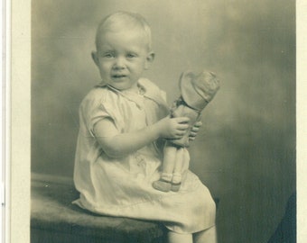 Elizabeth Holding Doll Baby Very Blonde Little Girl 1919 Antique RPPC  Real Photo Postcard