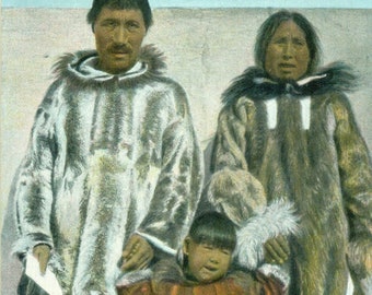 Cape Douglass Alaska Eskimo Family A Pa Look Fur Kuspuk Parkas Gold Rush Era Antique Color Postcard Unmailed
