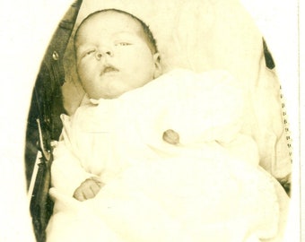 Newborn Baby Laying in Buggy Antique 1910s RPPC Real Photo Postcard Photograph