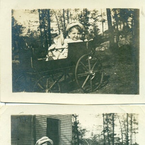 1912 Girl Sitting in Baby Carriage Playing With Doll Set 2 Photos Antique Black White Photograph
