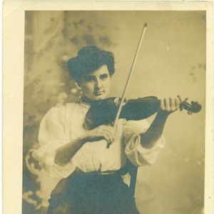 Woman Playing Violin Azo Antique RPPC Real Photo Postcard Photograph Black White Photo