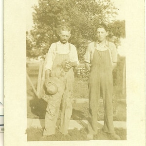 Farmer Holding Canteen Drinking Water Overalls Padre Son Hombres 1910 RPPC Real Photo Postcard Antique Photograph
