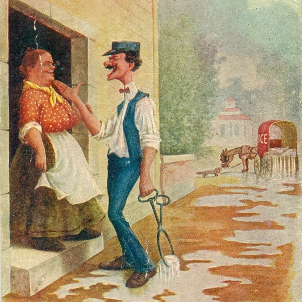 1907 Ossian IN Ice Man Talking Demasiado tiempo Block Melting in Tongs Mailed Postal