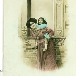 Bonne Fete Happy Brithday Mutter Tochter Antique Französisch RPPC Postcard gefärbt Foto