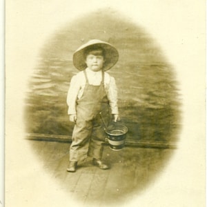 Boy Holding Tin Pail Bucket Overalls Wood Dock Lake Pond Fish RPPC Postcard Antique Photo Photograph