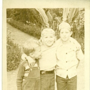 1940s Boys Playing Coyboys and Indians Wearing Feather Headbands Blue Jeans RPPC Real Photo Postcard Photograph