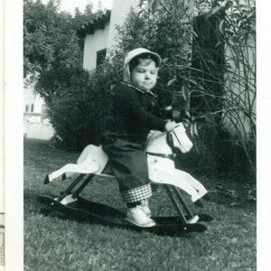 1954 Toddler Boy Riding Rocking Horse Photo Black White Photograph